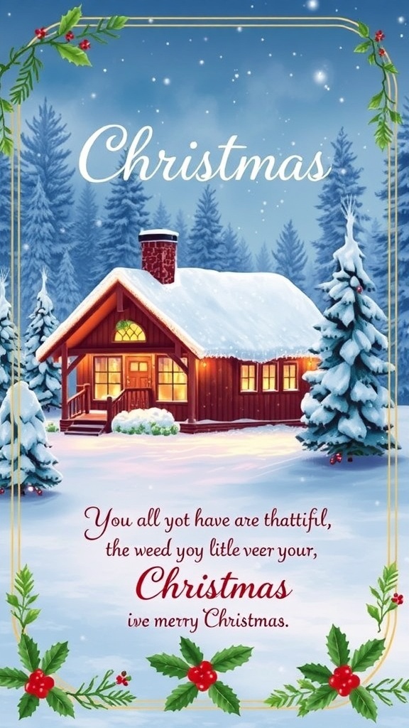 Heartwarming Christmas Quotes for Cards A festive Christmas card with a snowy scene and a warm quote about the holiday season.
